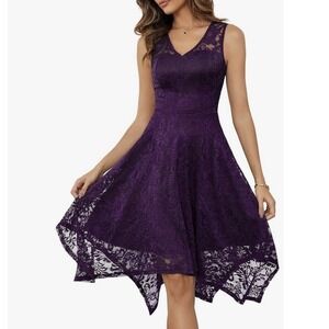 Meetjen Elegant Purple Lace Dress With V-neck Handkerchief Hem - Small